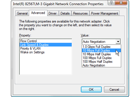 network card speed check on Windows Vista